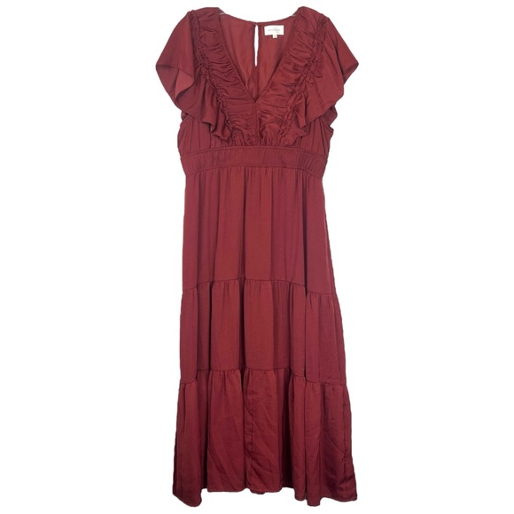 Melloday Red Maroon Ruffle Tiered Satin Flutter Sleeve Maxi Midi Dress size XL - Picture 2 of 5